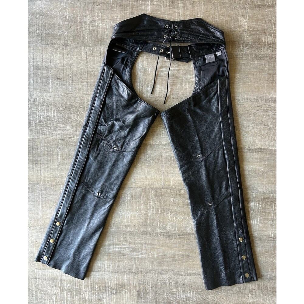 Wilsons Leather Black Motorcycle Chaps Womens M Rear Lace Waist Snap Zip - Picture 16 of 16